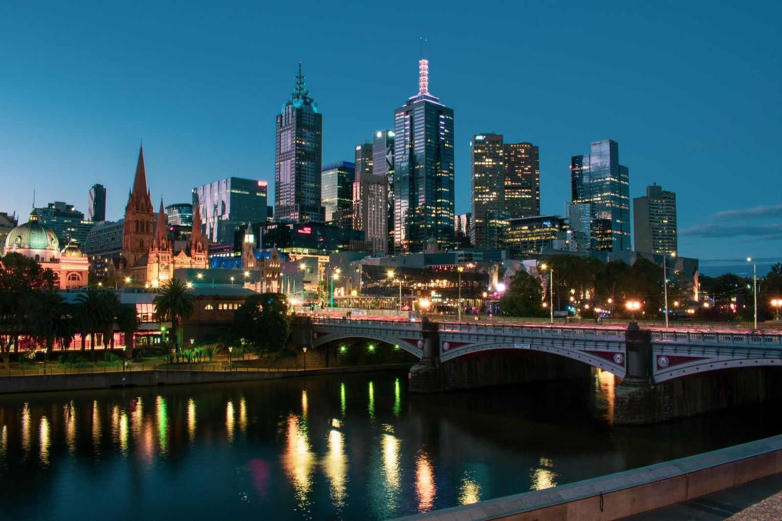 Melbourne city skyline at dusk from the Yarra River